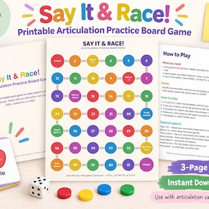 Op de afbeelding: Een printbaar articulatiebordspel genaamd Say It & Race! met een genummerd pad van gekleurde cirkels, instructiebladen, een zeszijdige dobbelsteen, vier ronde speelfiches en een stapel kaarten met een illustratie van een appel en tekst.