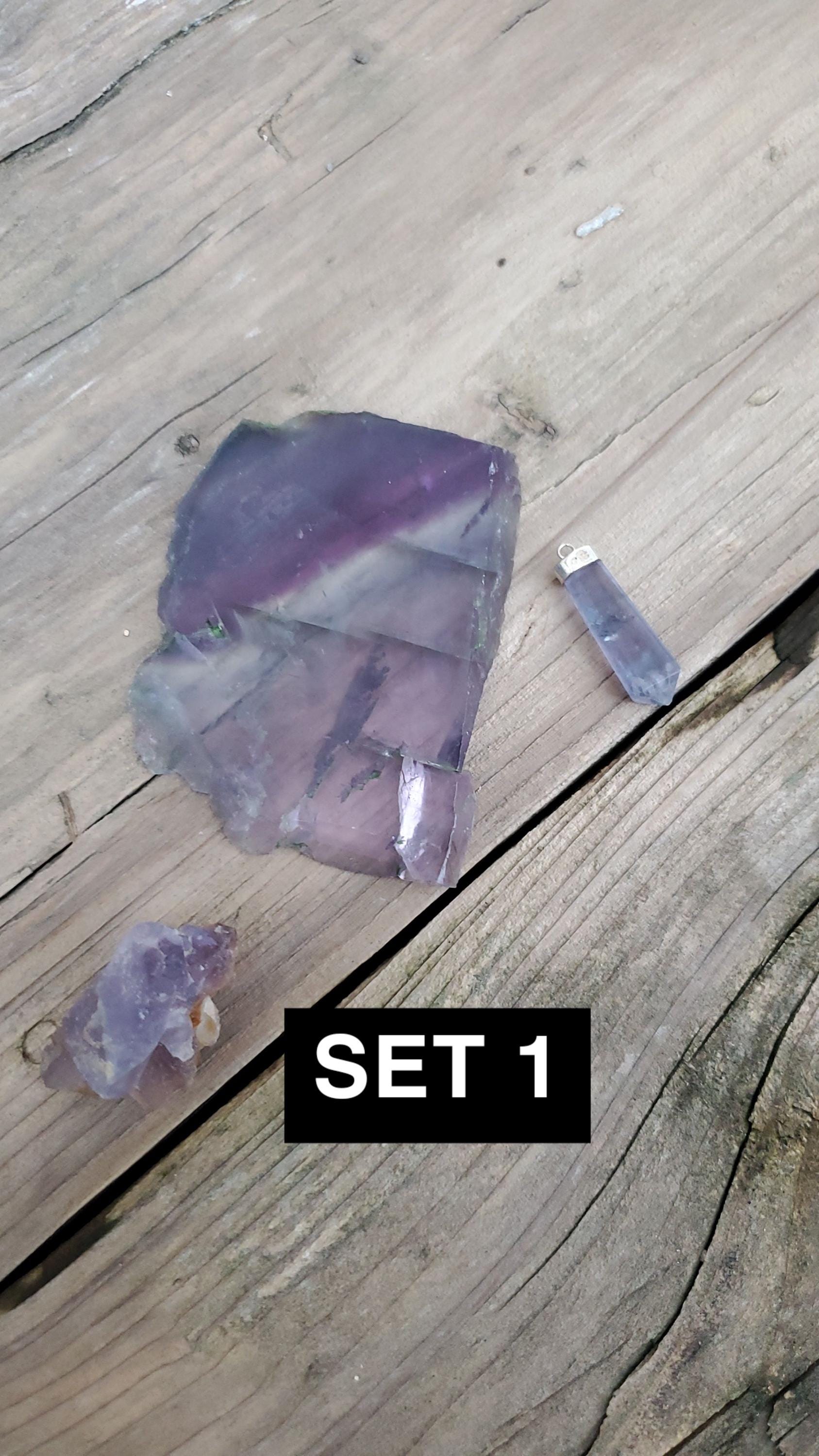 Fluorite Crystal Set | Polished Slab, Pendant & Cluster | Clarity, Focus and Energy Protection | Chakra Healing Gift | Crystal Trio Kit