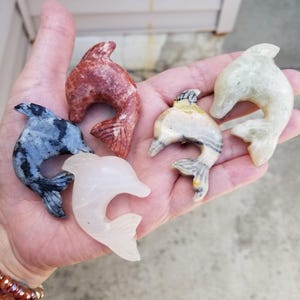 May include: A collection of six carved stone dolphin figurines in various colors, including red, blue, white, and cream. Each dolphin has a curved body and a detailed tail fin. The figurines are held in a hand.