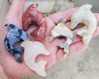 Crystal Dolphin Carving – Choose Red, Yellow, White or Banded Calcite or Larvikite | Hand-Carved Animal Totem for Joy, Flow & Intuition