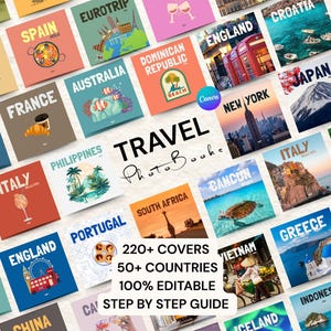 Può includere: Una collezione di fotolibri di viaggio con copertine di vari paesi, tra cui Spagna, Francia e Inghilterra. Le copertine presentano illustrazioni e testo, con le parole "TRAVEL Photo Books" in evidenza. Testo aggiuntivo: 220+ copertine, 50+ paesi e 100% modificabile.