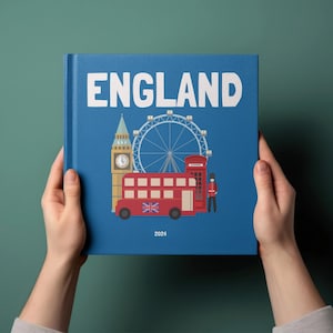 4 modelli Canva: album fotografici di viaggio in Inghilterra, da tavolo o decorativi, personalizzabili, perfetti anche come e-book