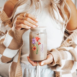 Personalized Birth Flower Tumbler, Iced Coffee Cup, Bridesmaid Gifts, Mother&#39;s Day Gift, Proposal Gift, Custom Glass Coffee, Straw and lid
