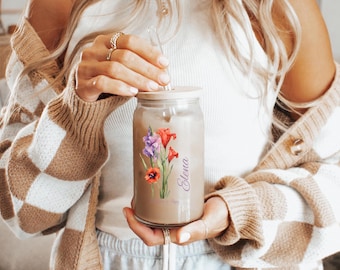 Personalisierte Geburtsblumenbecher, Eiskaffeetasse, Brautjungferngeschenke, Muttertagsgeschenk, Vorschlaggeschenk, kundenspezifischer Glaskaffee, Strohhalm und Deckel