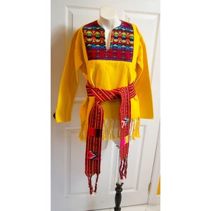 Vintage Yellow Guatemalan Huipil Tunic with Fringe and Belt
