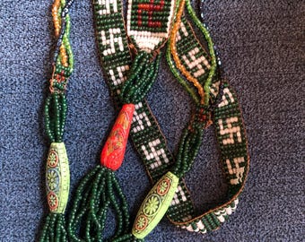 Antique Swastika Microbead Hand Woven Flapper Necklace