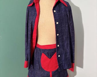 Conjunto de falda vaquera vintage de los años 70 con bolsillos de apliques.