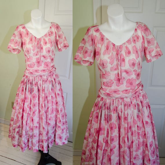 1950's Designer Pat Premo Pink Floral Peasant Dres