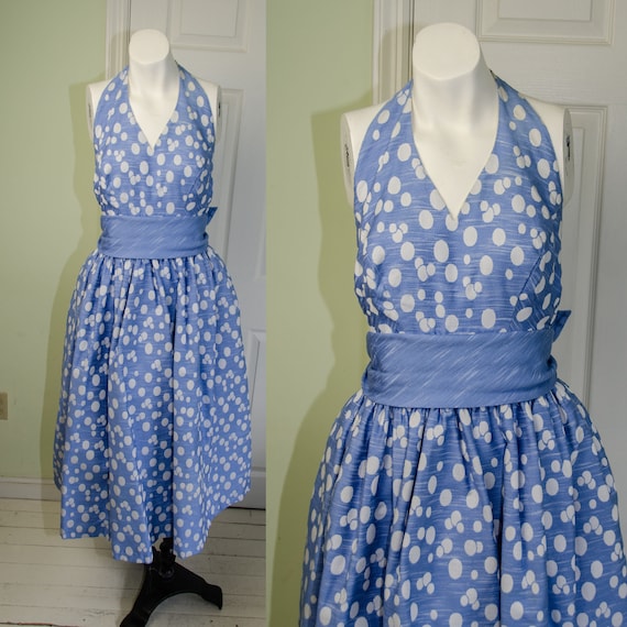 1950s Designer Pat Premo Blue Polka Dot Halter Dre
