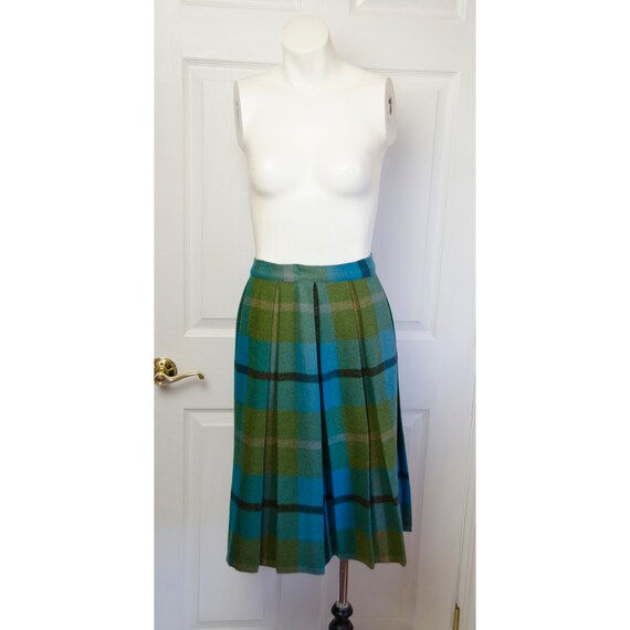 Vintage 1960's Blue Wool Pleated Plaid Skirt