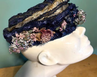 Vintage Edwardian Navy Blue Woman’s Hat with Flowers