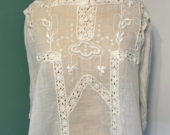 Antique Edwardian Woman’s White Cotton Embroidered Crochet Blouse Shirt