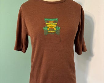 Vintage 1970’s JC Penny Men’s Brown Ribbed T- Shirt with Embroidered Car
