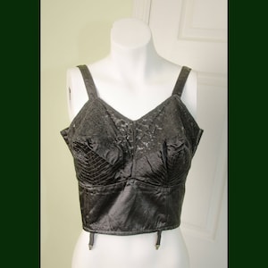 Vintage 1950&#39;s Black Satin Long Line Bullet Bra with Lace B4