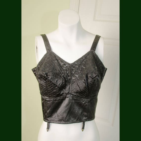 Vintage 1950's Black Satin Long Line Bullet Bra wi