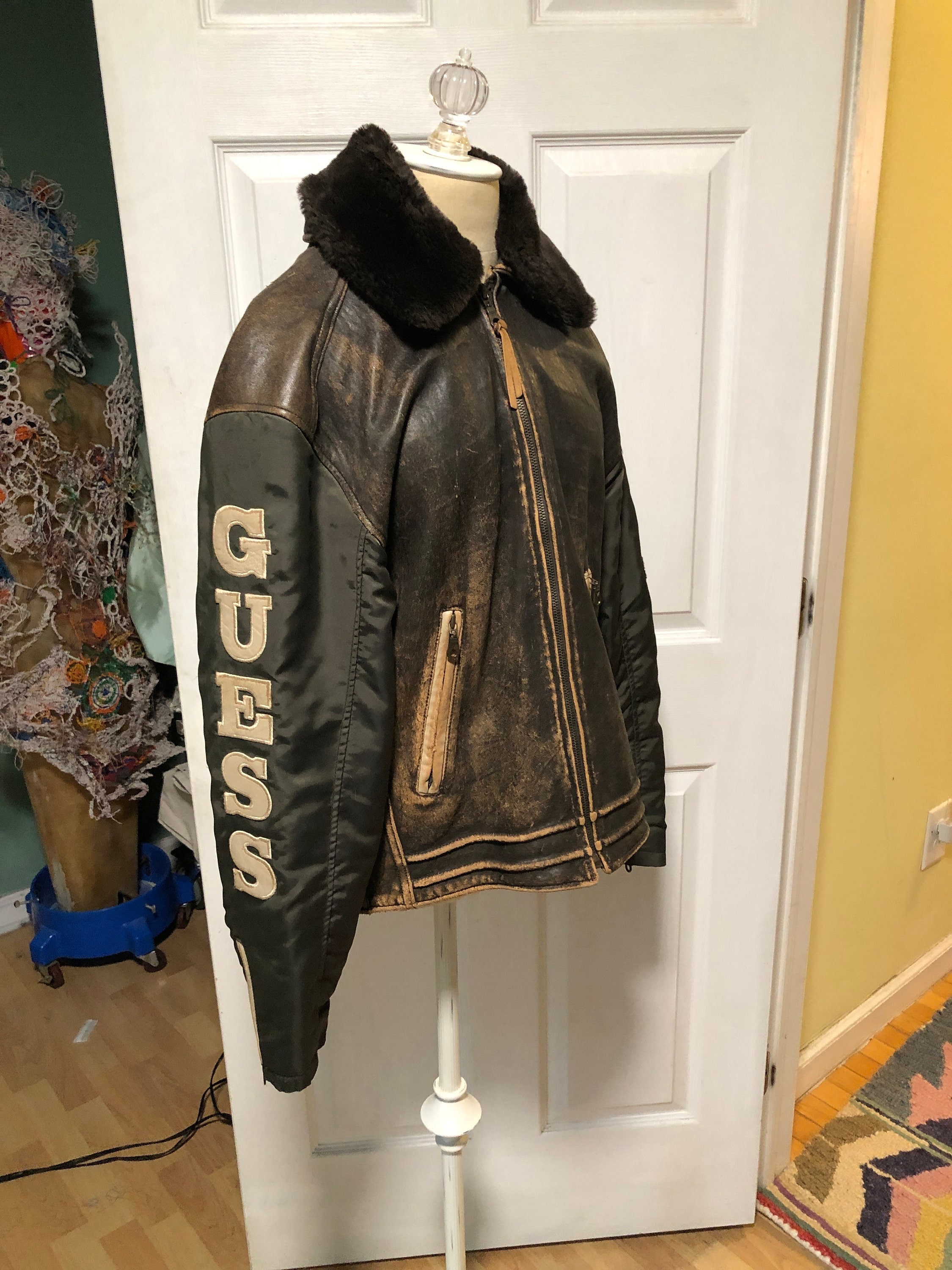 Vintage 1980 s Guess Brown Leather Bomber Jacket wwWith Large Appliques