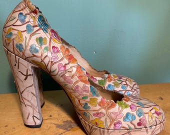 Vintage 1970’s Biba  Leather Floral Platform Shoes Gold Label