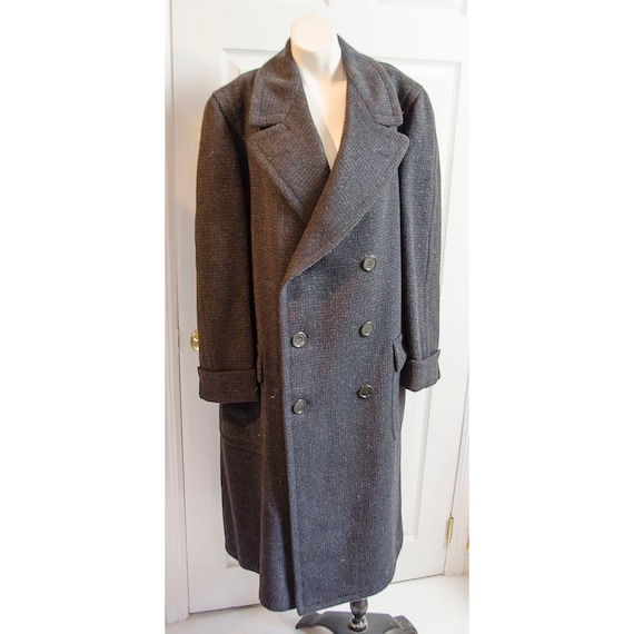 Rare 1930's Men's Dark Grey Print Wool Long Coat