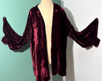 Chaqueta de noche vintage de los años 30 para mujer, de terciopelo de seda color burdeos, con mangas tipo kimono.