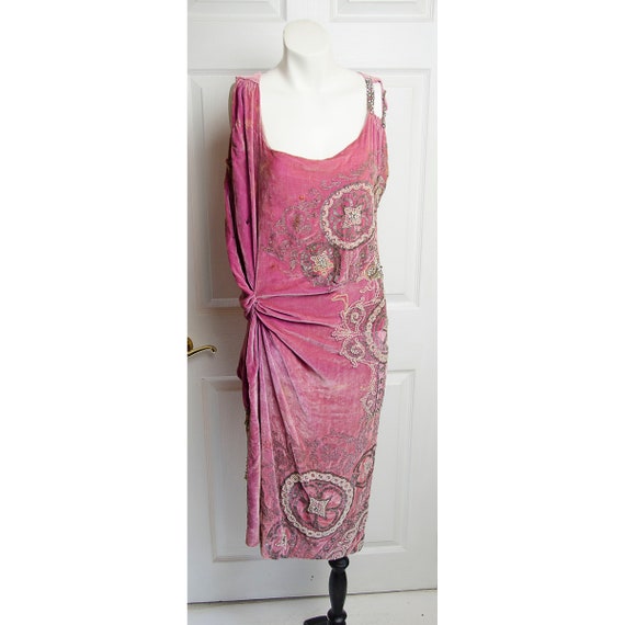 Vintage Pink Velvet Beaded 1920's Flapper Dress AS