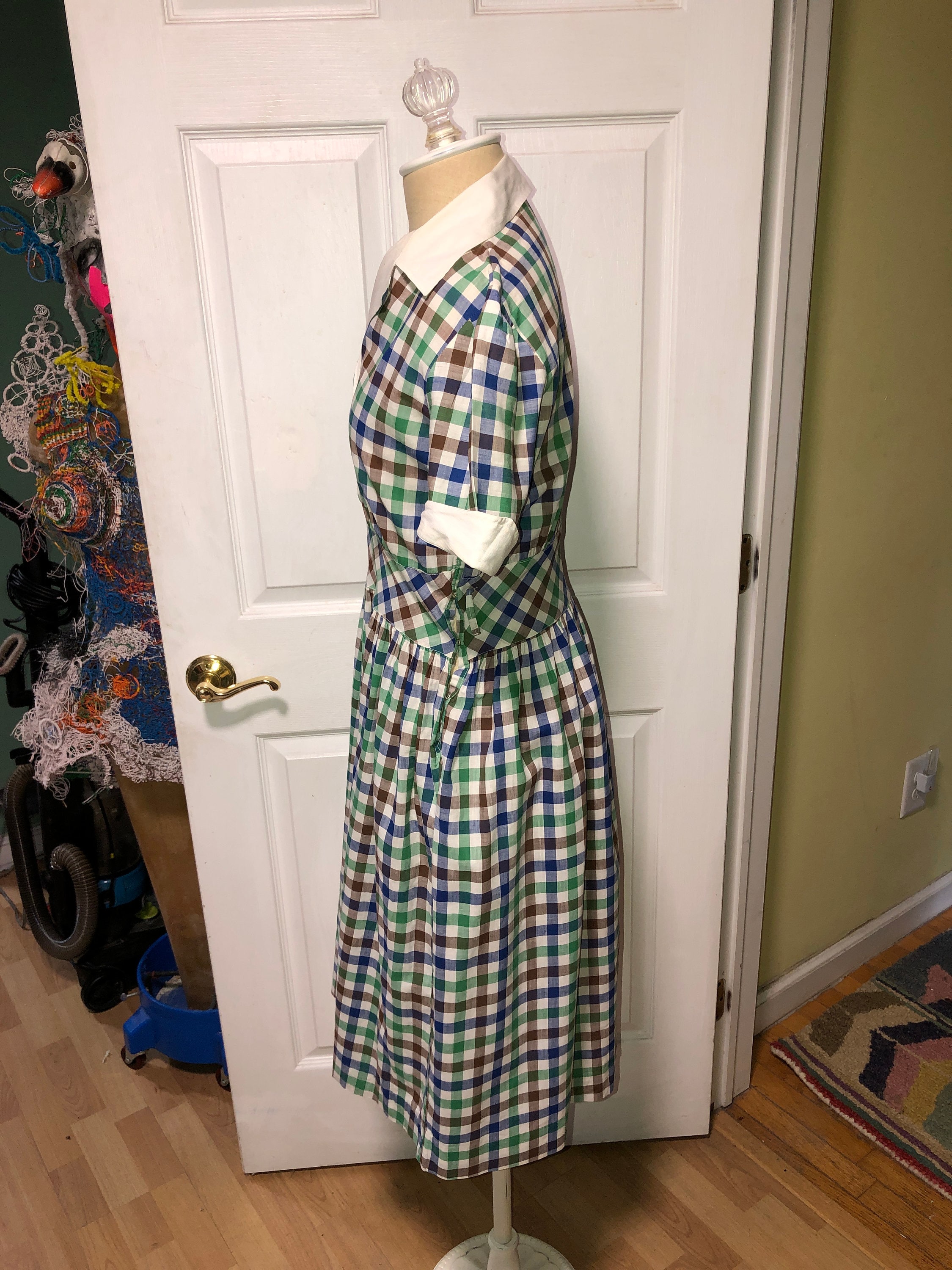 Vintage 40s Grey Gingham Dress Red/Black Trim, Sun Seeker M