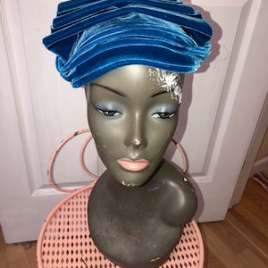 Vintage I Magnin Blue Velvet Cap Hat