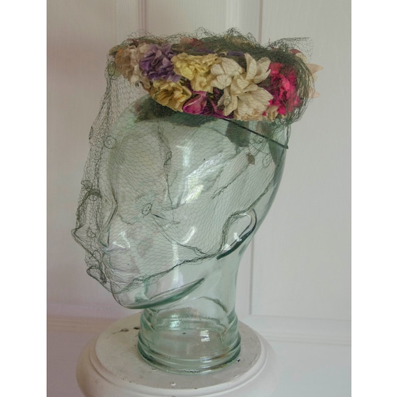 Vintage 1940's Woman's Floral Hat with Green Netti