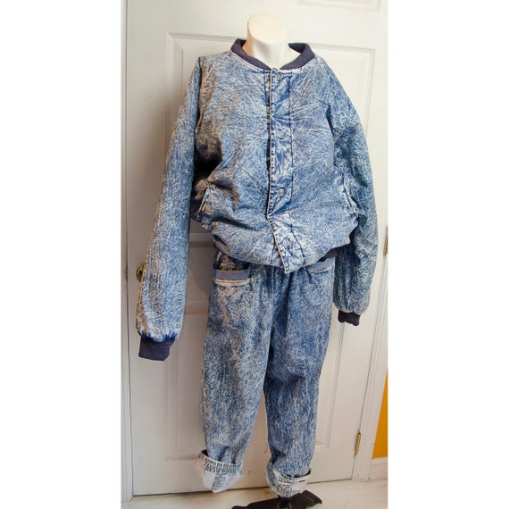 Rare 1980's Acid Denim Print Cotton Two Piece Puf… - image 2