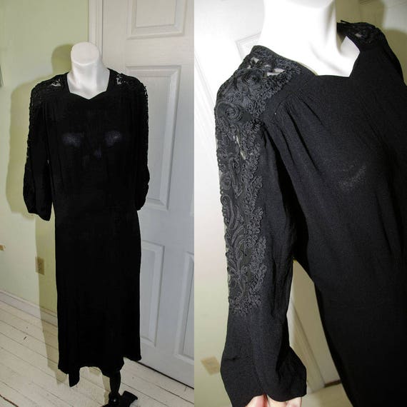 Vintage 1940's Woman's Black Crepe Cutaway Dress w