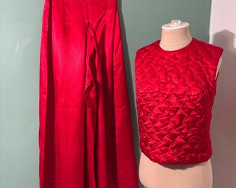 Pijama vintage de satén rojo de pierna ancha para mujer, años 60 y 70