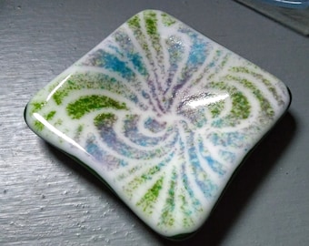 Green Blue and Purple Swirly Design Fused Glass Trinket Dish Square Bowl