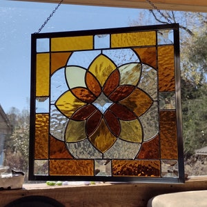 Shades of Amber Beveled Stained Glass Geometric Starburst Design Hanging Panel image 3