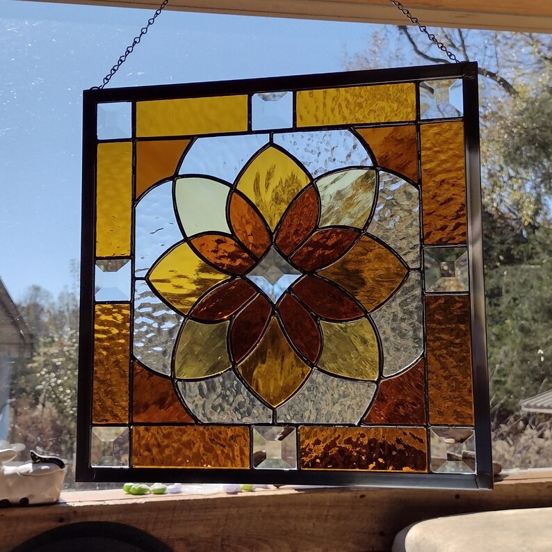 Shades of Amber Beveled Stained Glass Geometric Starburst Design Hanging Panel image 3