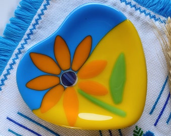 Blue and yellow heart  with sunflower trinket ring dish