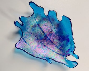 Abstract rolling wave aqua blue luminescent fused glass dish