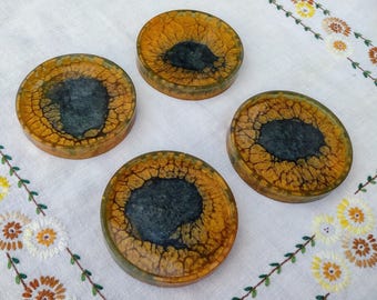 Vintage Lucite Drink Coasters: Mid Century Modern Gold & Black Set