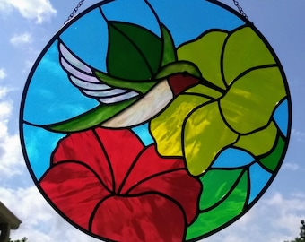 Stained Glass Hummingbird Suncatcher Ruby Throated with Yellow Orange Flowers