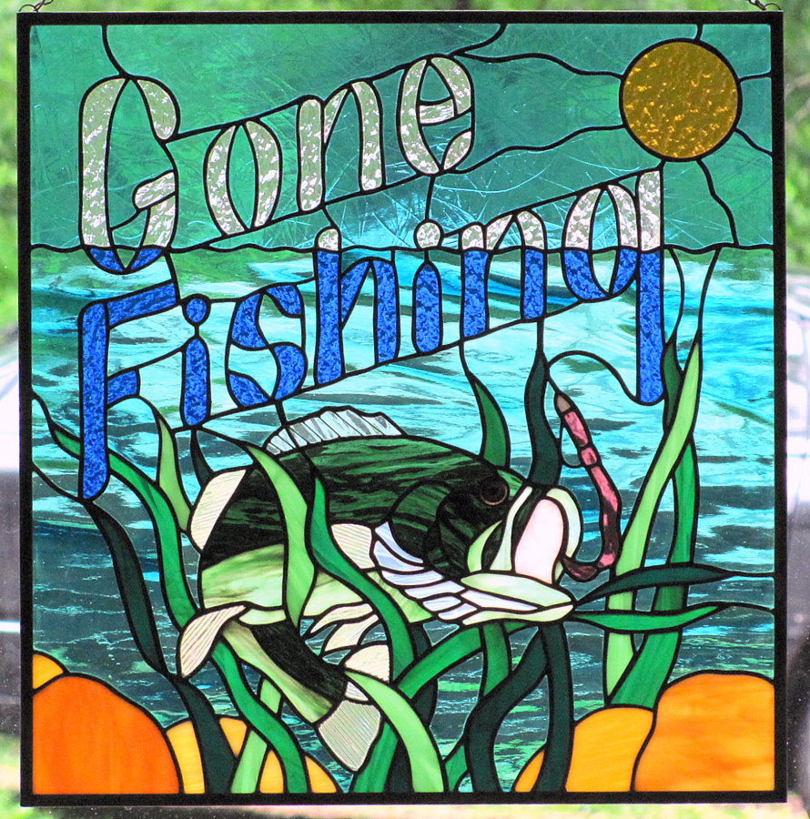 Stained Glass Largemouth Bass Hanging Panel Gone Fishing Etsy