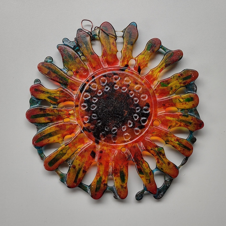 Trippy psychedelic fused glass sun sunflowers suncatchers ornamental art glass Red blue