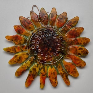 Trippy psychedelic fused glass sun sunflowers suncatchers ornamental art glass Orange blue