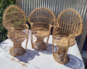 Vintage Wicker Peacock Fan Back Chair: Doll Furniture or Plant Stand