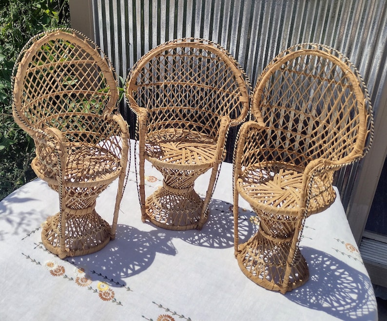 Vintage Wicker Peacock Fan Back Chairs 14 3/4 and 16 1/4 Doll Furniture Plant Stands