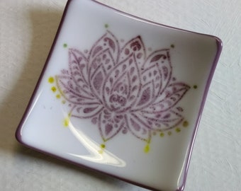 Mauve purple lotus fused glass square sloped dish tray plate