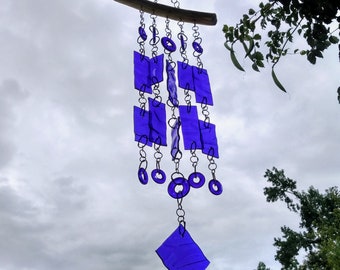 Cobalt blue textured glass windchime copper wire and cedar suncatcher wall hanging