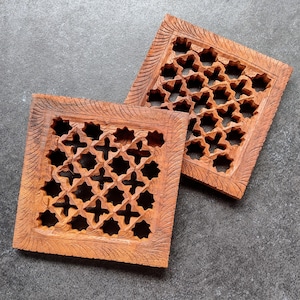 Vintage Hand Carved Wood Trivets Made in India Set of Two