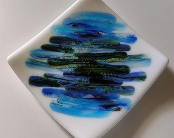 White blue green ocean inspired square sloped fused glass dish