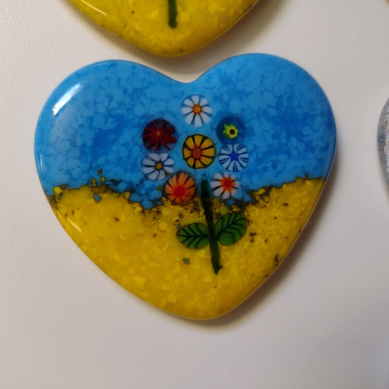 Yellow and Blue Fused Glass Hearts for Ukraine with flowers and leaves magnets Large #3