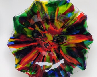 Abstract Rainbow Colors Fused Glass Bowl Heavily Sculptured Swirly Rim