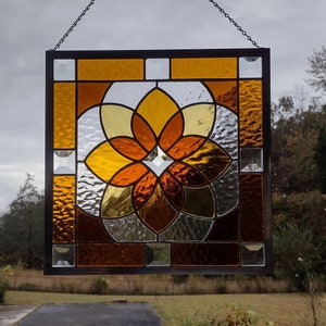 Shades of Amber Beveled Stained Glass Geometric Starburst Design Hanging Panel image 1