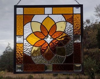 Shades of Amber Beveled Stained Glass Geometric Starburst Design Hanging Panel